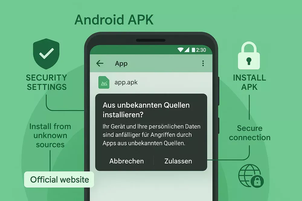 Android Smartphone mit APK-Installationsprozess und Sicherheitseinstellungen
