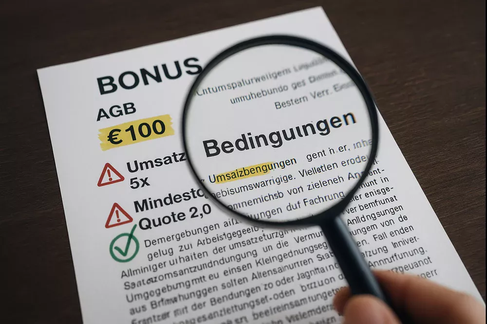Lupe über Bonus-Bedingungen und AGB-Text
