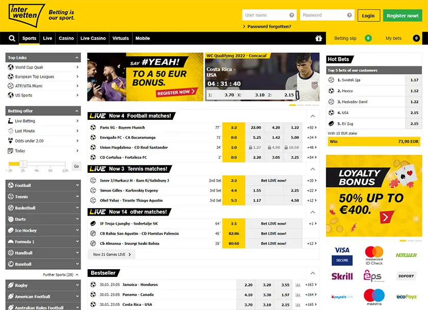 Interwetten App Interface mit Live-Wetten
