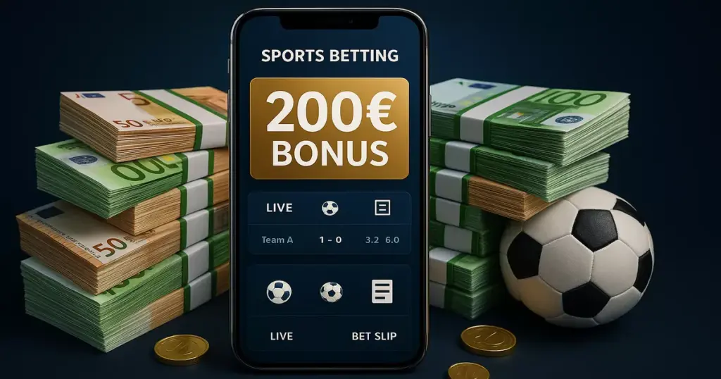 Wetten App Bonus 2025 mit Smartphone und gestapelten Geldscheinen