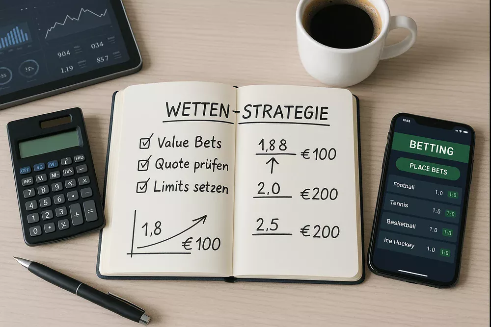 Strategische Planung für Bonuswetten mit Notizbuch und Taschenrechner